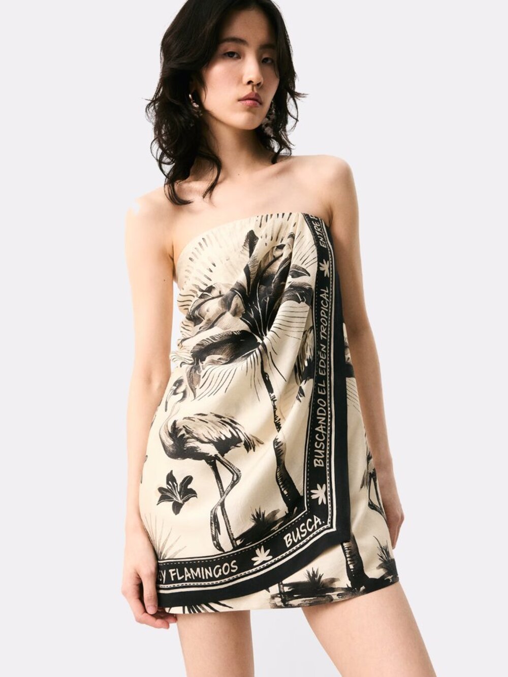 H&M Cream Strapless Mini Dress with Black Tropical Print